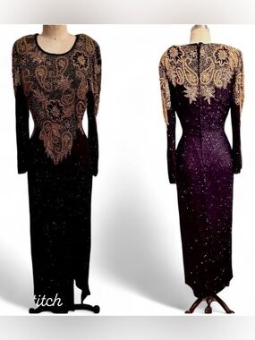 Vintage long fully beaded heavy black gold gown Gatsby dramatic shoulders fitted